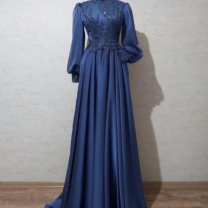 A-line Blue Long Prom Dress Evening Dress