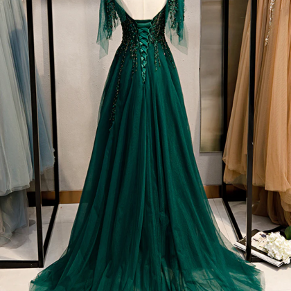 Green V-neck Lace Long Prom Dresses, A-line..