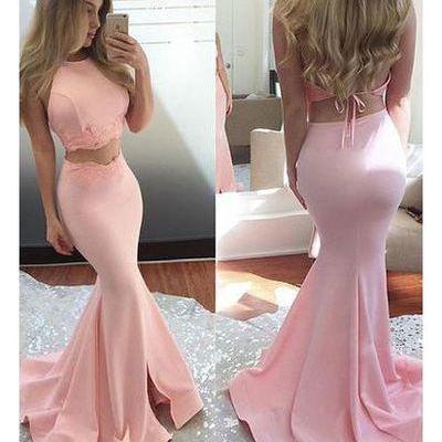Pink Two Pieces Lace Long Prom Dress,evening..