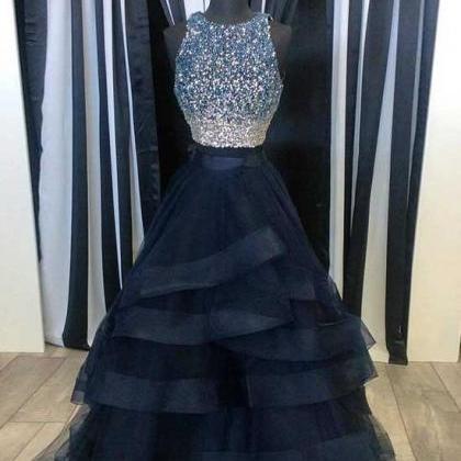 Navy Blue Two Pieces Sequin Long Prom Dress,navy..