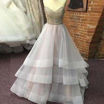 Unique Sequin Gray Tulle Prom Dress, Long Gray..
