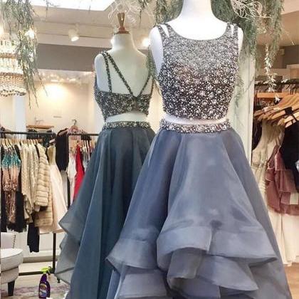 Two Pieces Gray Tulle Prom Dress, Long Gray..