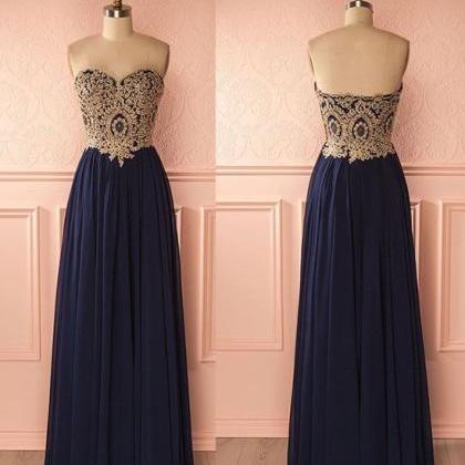 Sweetheart Neck Lace Dark Blue Long Prom Dress,..