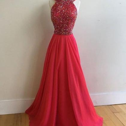 Red Round Neck Long Prom Dress, Red Evening Dress