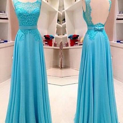 Blue Lace Long Prom Dress, Blue Evening Dress For..