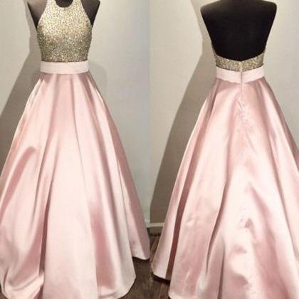 Pink Round Neck Sequin Long Prom Gown, Pink..
