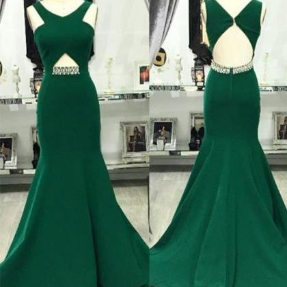 Green V Neck Mermaid Long Prom Dress, Green..