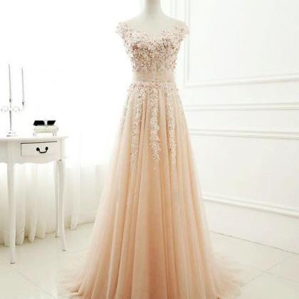 A-line Round Neck Tulle Lace Long Prom Dress,..