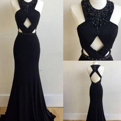 Unique Black Mermaid Long Prom Dress, Black Formal..