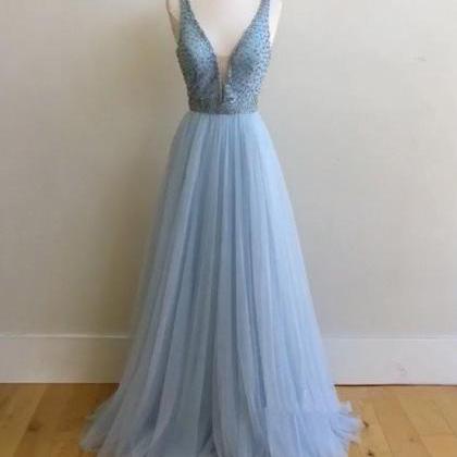 Blue V Neck Sequin Tulle Long Prom Dress, Blue..