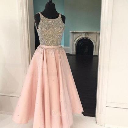 Cute Pink Sequin Tea-long Prom Dress, Pink Sequin..