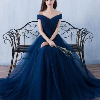 Simple A-line Dark Blue Tulle Long Prom For Teens,..