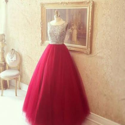 Prom Dresses, Red Round Neck Tulle Rhinestones..
