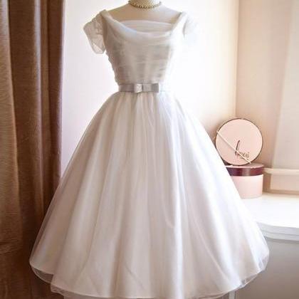 Wedding Dresses,white Round Neck Tulle Retro Short..