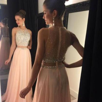 Prom Dresses, A-line Round Neck Pink Chiffon..