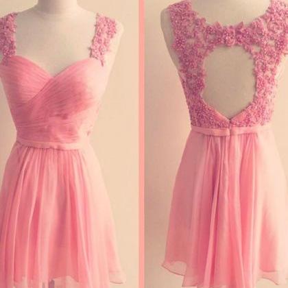 Homecoming Dresses,pink Sweetheart Chiffon Lace..