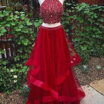 Prom Dresses, Red Two Pieces Sequin Long Prom..
