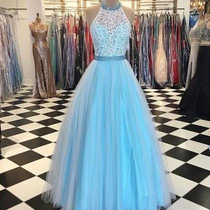 Prom Dresses,blue High Neck Lace Tulle Long Prom..