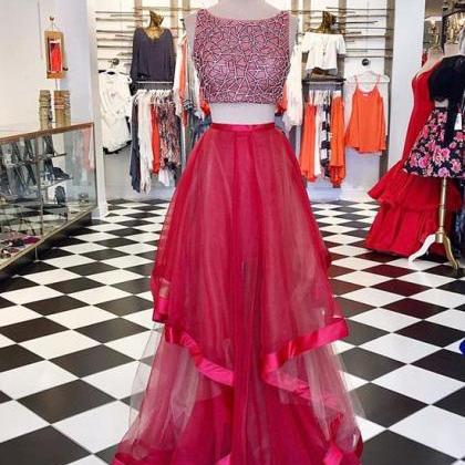 Prom Dresses, Red Round Neck Sequin Two Pieces..