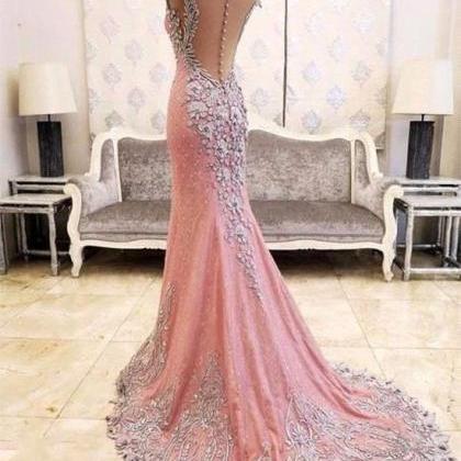 Prom Dresses,custom Made Pink Round Neck Beaded..