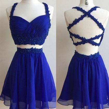 Homecoming Dresses,royal Blue Two Pieces Lace..