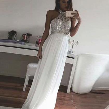 Prom Dresses,a-line Sequin Chiffon White Long Prom..