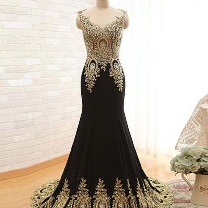 Prom Dresses, Black Round Neck Lace Applique Long..