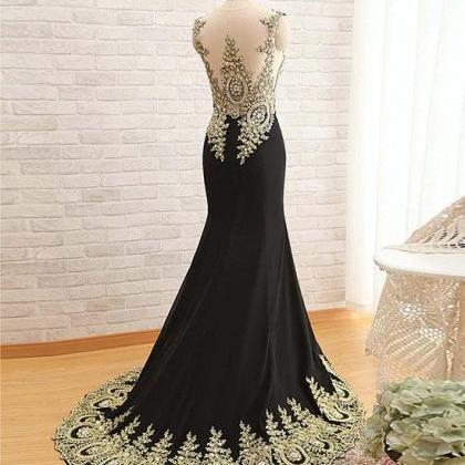 Prom Dresses, Black Round Neck Lace Applique Long..