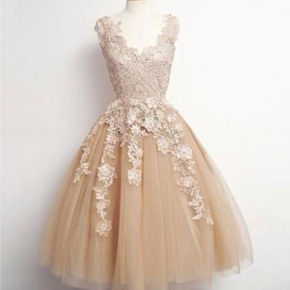 Homecoming Dresses,champagne Tulle Lace Applique..