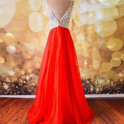 Prom Dresses,v Neck Rhinestone Sequin Red Long..