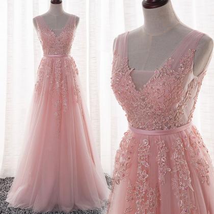 Elegant Tulle Handmade Pink V-neckline A-line Prom..