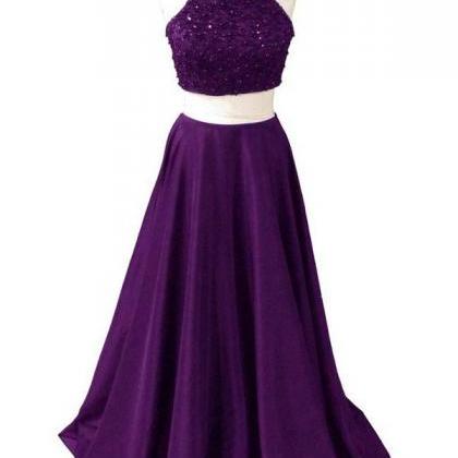 Dark Purple Two Piece Halter Satin Prom Dresses,..