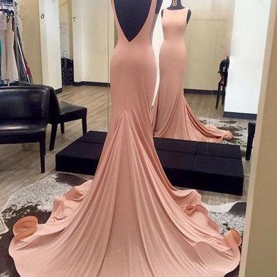 Unique Pink Prom Dresses, Backless Long Evening..