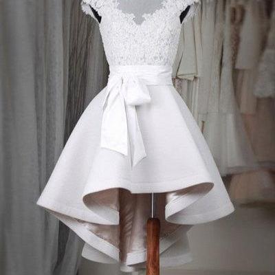 White Round Neck Lace Short Prom Dress, Bridesmaid..