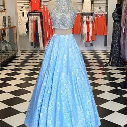 Sexy Prom Dress,modern Light Blue High Neck Floor..
