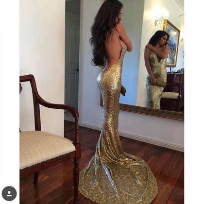 Gold Sequins Prom Dress, Mermaid Long Prom Dress,..
