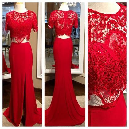 Red Prom Dresses,lace Top Prom Dress,long Evening..