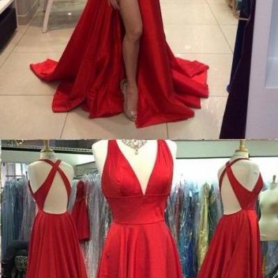 A-line Sexy Slit V-neckline Red Prom Dress,M00088