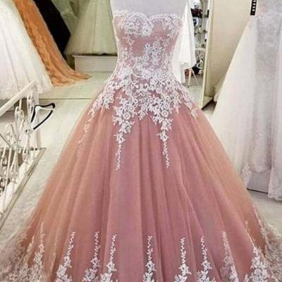 Pink organza sweetheart lace applique A-line long prom dresses,strapless dress M000108