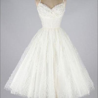 Vintage Prom Dress, White Prom Gowns, Lace Homecoming Dress M0276