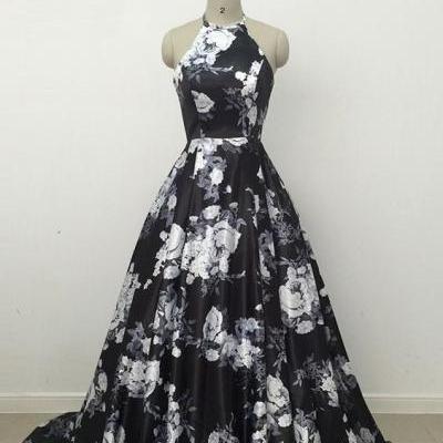 Black Floral Printed Halter Neck A-LIne Prom Dress
