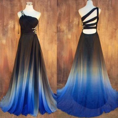  Charming Prom Dress,Chiffon Prom Dress,Gradient Prom Dress,Blue and Black Prom Dress,One Shoulder Prom Dress M0465
