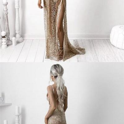 Sheath Spaghetti Straps Split-Side See-Throuth Champagne Lace Prom Dress M0758