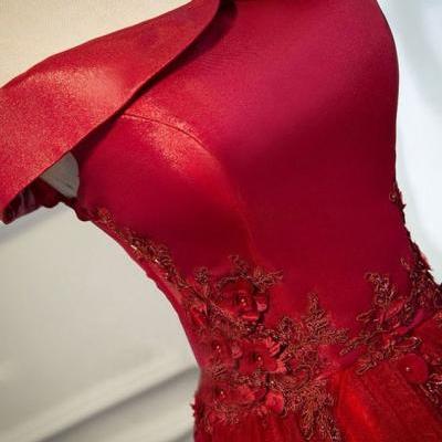 Burgundy lace tulle long prom dress, off shoulder evening dress M1010