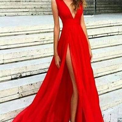 Red Split Prom Dresses,V Neck Chiffon Evening Dresses, Sexy Party Gowns M1013