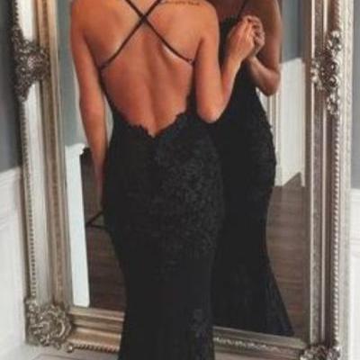 Black Mermaid Evening Dresses,Sexy Open Back Prom Dresses,Spaghetti Strap Lace Formal Dresses M1023