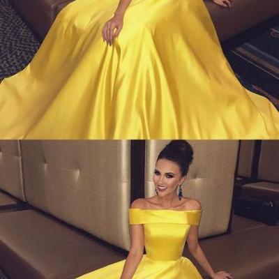 Off The Shoulder Long Satin Gold Prom Dresses Ball Gowns 2018 M1114