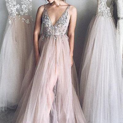 Sexy V Neck Prom Dress, Beaded A Line prom dress ,evening dress with beading M1161