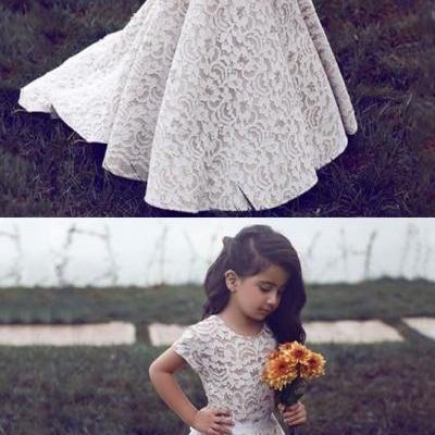 A-Line Jewel Short Sleeves Sweep Train Ivory Lace Flower Girl Dress M1184