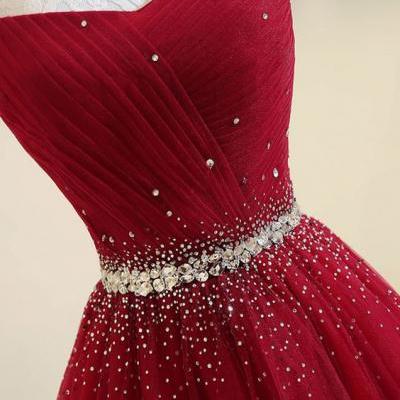 Burgundy tulle off shoulder long prom dress, burgundy evening dress M1204